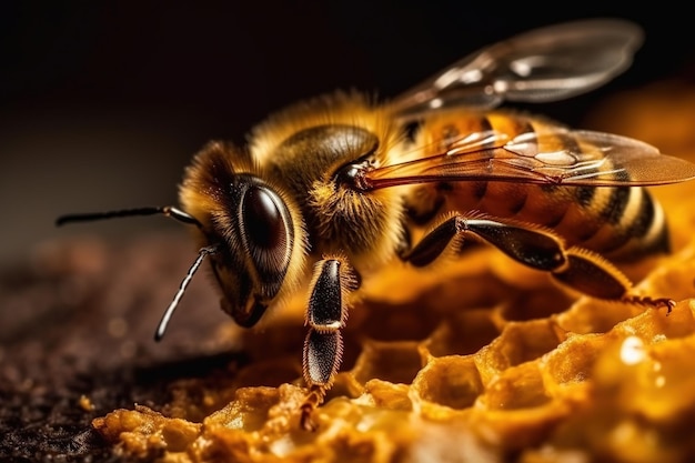 Una abeja en un panal con un fondo negro