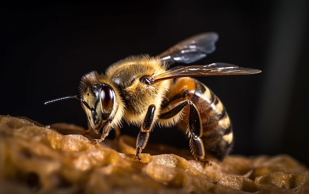 Una abeja en un panal con un fondo negro