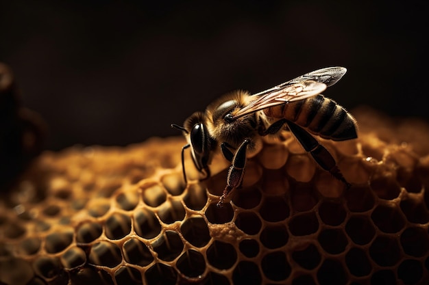 Una abeja en un panal con un fondo negro