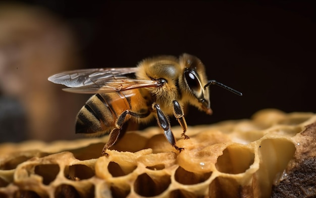 Una abeja en un panal con la palabra miel.