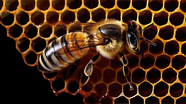 Una abeja en un panal con un panal en el fondo