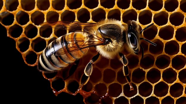 Una abeja en un panal con un panal en el fondo