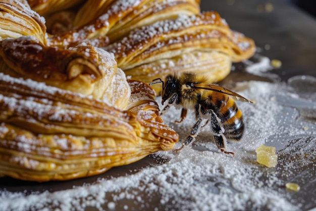 Abeja en un pastel con polvo de azúcar