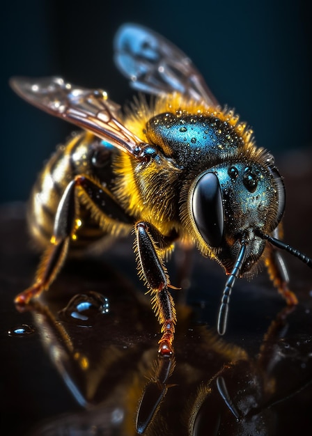 Una abeja con un pelaje azul y amarillo y rayas naranjas en las alas está sentada sobre una mesa.