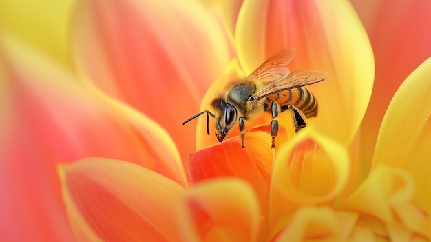 La abeja en el pétalo de la flor vibrante