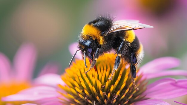 Una abeja poliniza una conifera púrpura La abeja está cubierta de pelaje amarillo y negro y la conifera tiene un centro amarillo con pétalos púrpuras