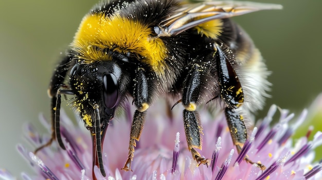 Una abeja poliniza una flor La abeja está cubierta de pelaje amarillo y negro y la flor es rosa y blanca