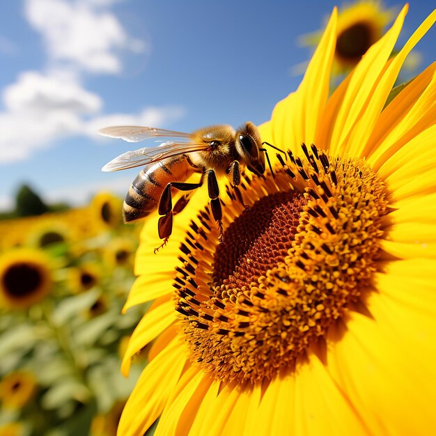 Una abeja poliniza una flor en un jardín de girasoles