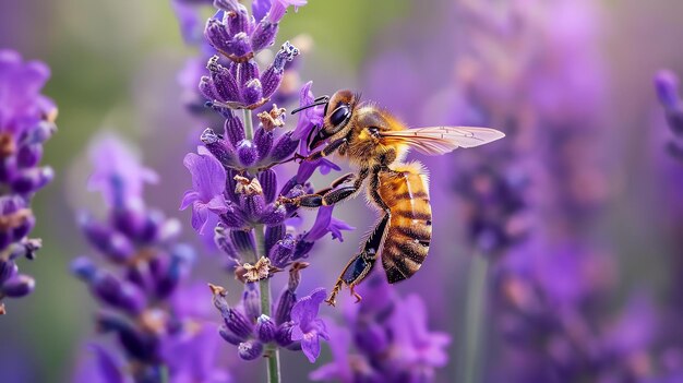 Una abeja poliniza una flor de lavanda la abeja está cubierta de rayas amarillas y negras la flor de lavenda es púrpura