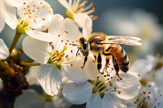 La abeja poliniza las flores blancas del cerezo La polinización de los árboles frutales La abeja recoge la miel de una pequeña flor Vista de primer plano del cuerpo detallado Generado por IA