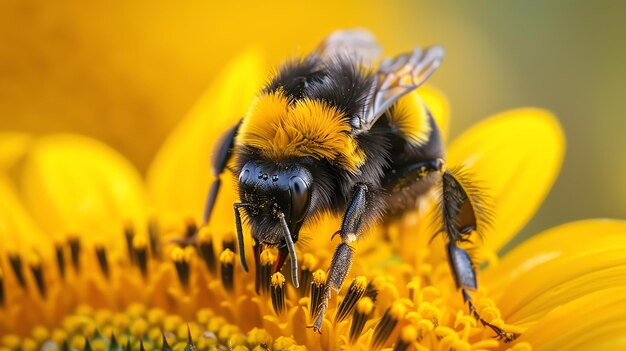 Una abeja poliniza un girasol La abeja está cubierta de pelaje amarillo y negro y el girasol es de color amarillo brillante