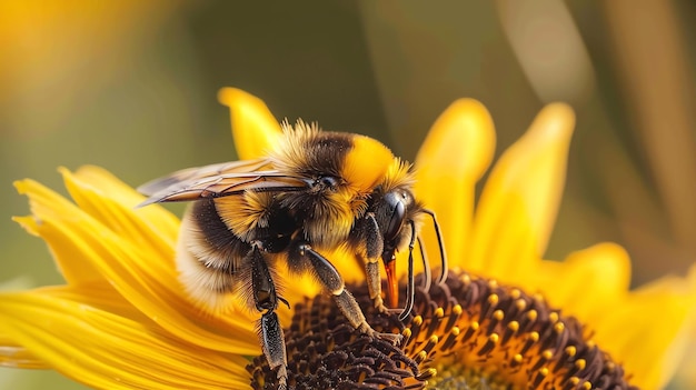 Una abeja poliniza un girasol La abeja está cubierta de pelaje amarillo y negro y el girasol es de color amarillo brillante