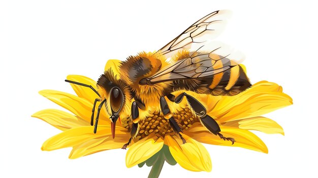 Una abeja polinizando una flor La abeja está cubierta de pelaje amarillo y negro con una larga probóscide