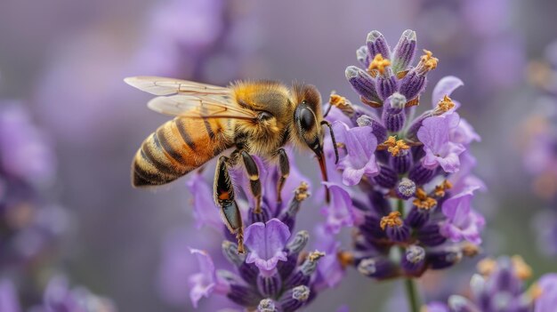 La abeja polinizando una flor de cerca