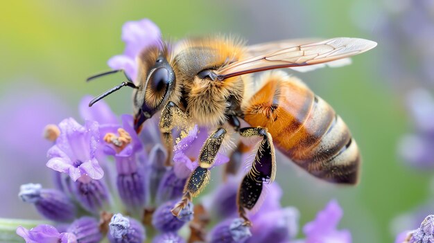 Una abeja polinizando una flor de lavanda La abeja está cubierta de polen y la flor de lavenda está en foco El fondo está borroso