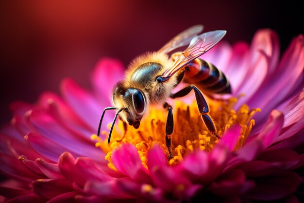 La abeja polinizando una flor púrpura