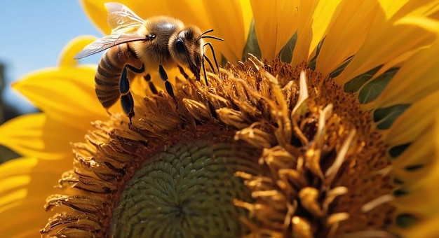 Foto una abeja polinizando un girasol vibrante