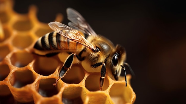 Abeja que busca néctar en panal con espacio de copia