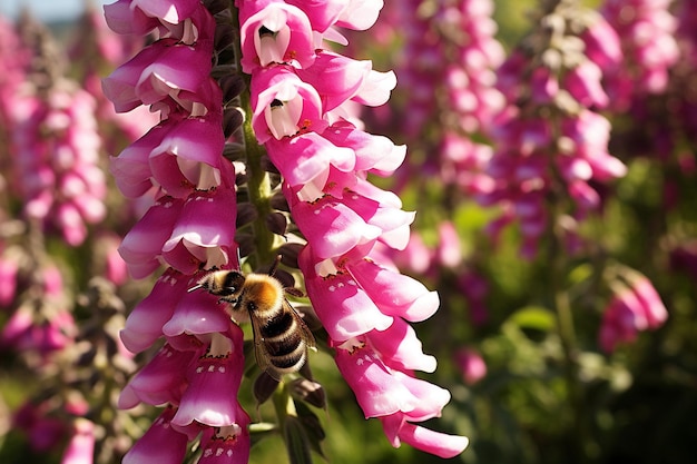 Abeja en un racimo de flores de columbina