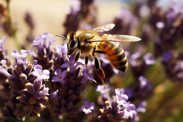 Foto abeja en un racimo de flores de tomillo calcáreo