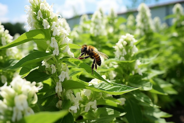 Foto abeja en un racimo de flores de tomillo calcáreo