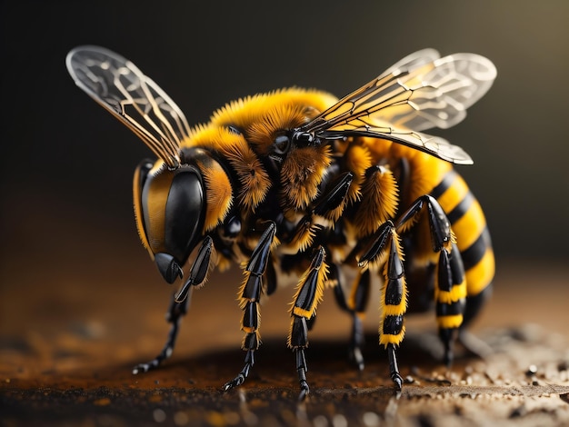 Una abeja con rayas negras y amarillas en las alas está sobre una superficie de madera.