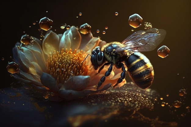 Una abeja recoge miel en las flores de la naturaleza Primer plano de una abeja melífera que alimenta el néctar Prado de verano con flores multicolores Prado de flores silvestres en flor exuberante dorado con hierbas y flores silvestres