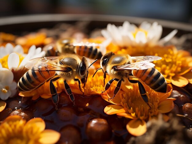 Una abeja recogiendo incansablemente el néctar de una variedad de flores