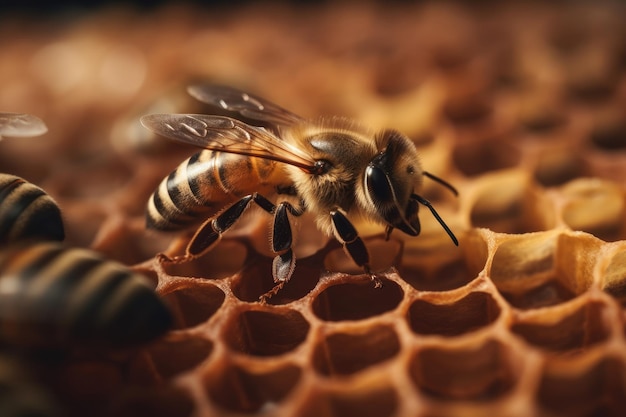 Una abeja recogiendo miel en una colmena