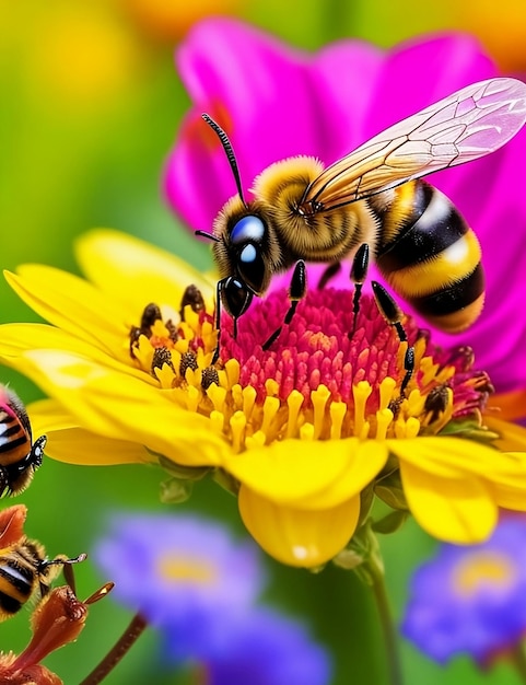 Una abeja recogiendo miel de flores de colores.