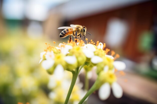 Abeja recogiendo néctar de las flores de la granja.