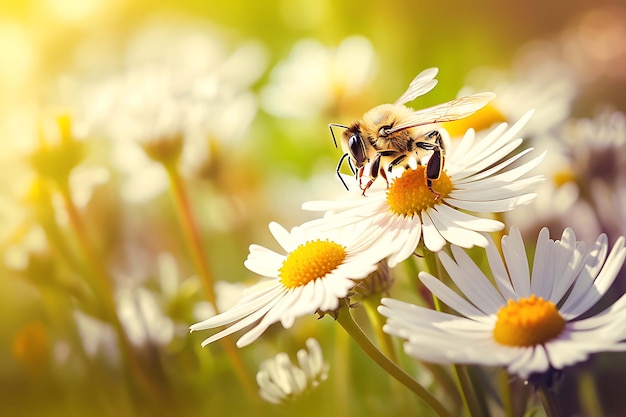 Una abeja recogiendo néctar de una foto realista de flores.