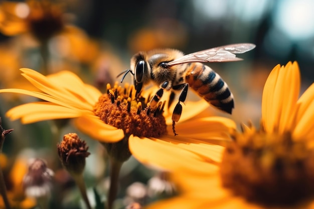 abeja recogiendo néctar de girasol vibrante