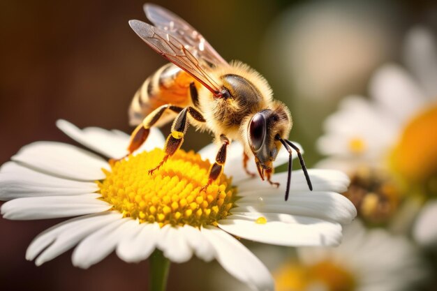 Una abeja recolecta néctar de una flor de manzanilla en flor