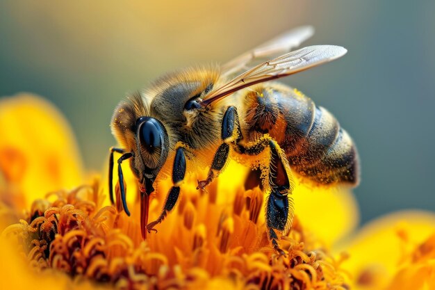 La abeja recolecta el polen de la flor amarilla La foto macro generada por la IA