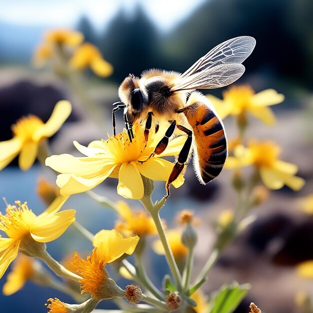 La abeja recolecta el polen de una flor amarilla en un paisaje silvestre