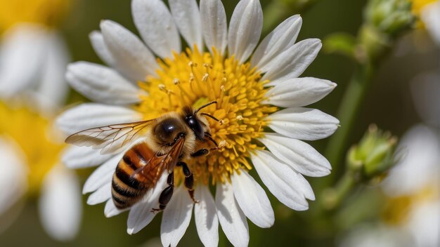 La abeja recolecta el polen de una flor