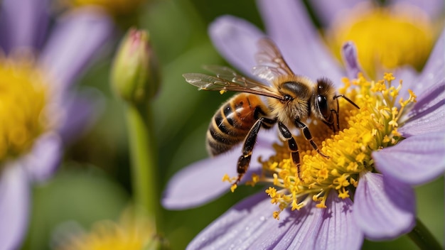La abeja recolecta el polen de una flor