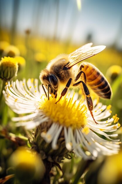 Una abeja recolecta polen y néctar en las flores