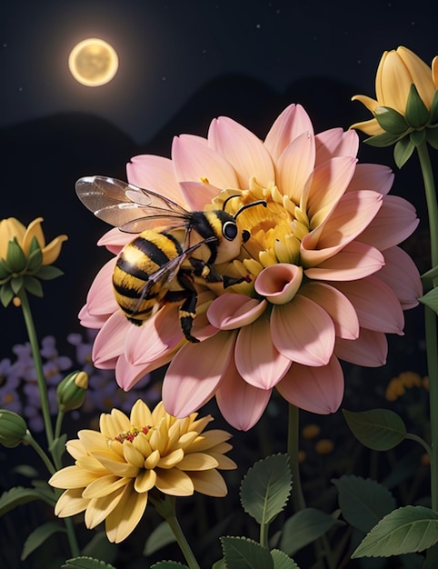 Una abeja sentada en una flor de dahlia a la luz de la luna