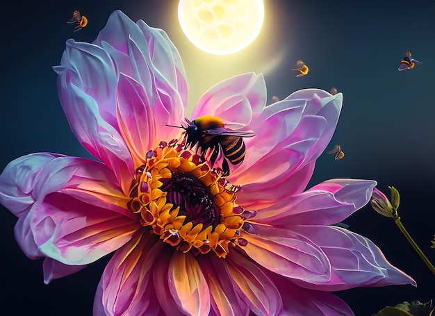 Una abeja sentada en una flor de dalia a la luz de la luna generada por IA