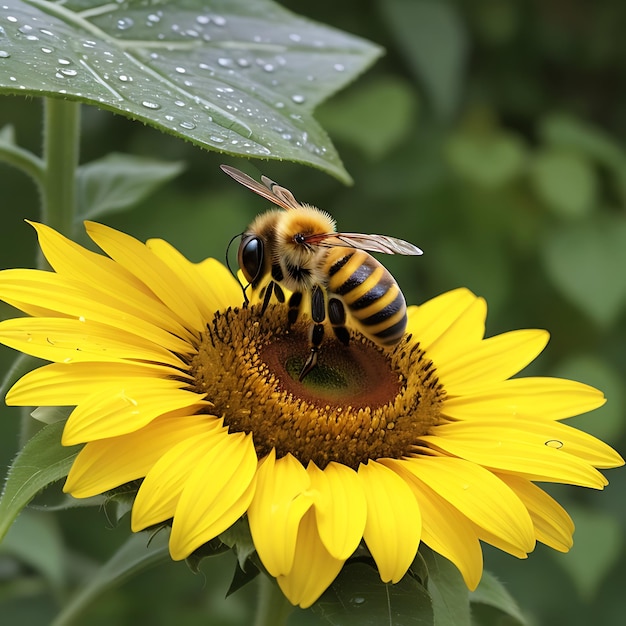 Foto la abeja está sentada en el girasol bajo la lluvia.