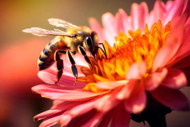 La abeja sentada en una hermosa flor de naranja recoge el néctar recogiendo miel orgánica vibrante y colorida