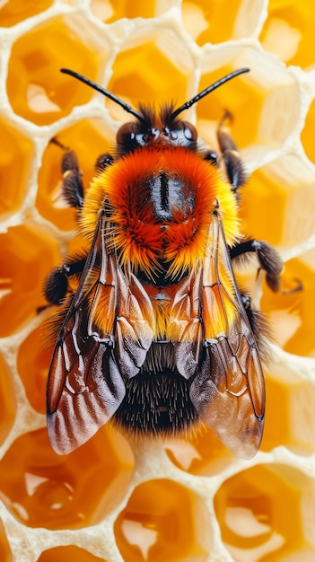 Foto una abeja está sentada en un panal