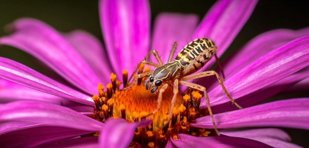 Una abeja se sienta en una flor morada.