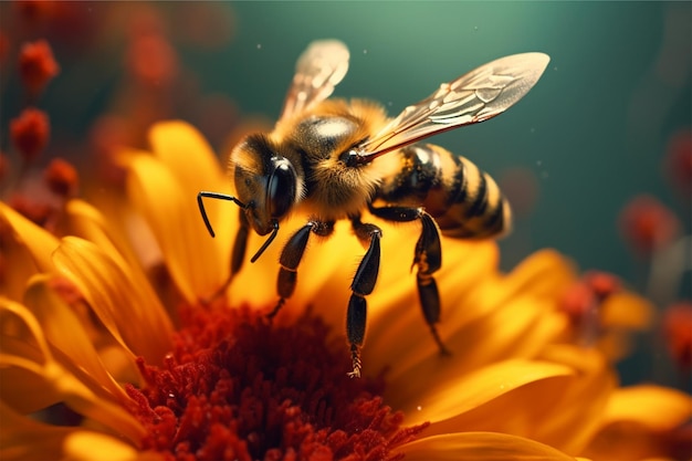 Foto una abeja se sienta en una flor y recoge el polen