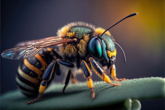 Una abeja se sienta en una hoja con un collar amarillo y azul.