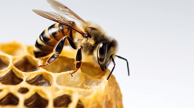 La abeja se sienta en un panal de miel con fondo blanco Generativo Ai