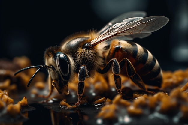 Una abeja se sienta sobre una superficie negra con un fondo negro.