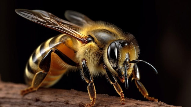 Una abeja se sienta en un tronco con un fondo negro.